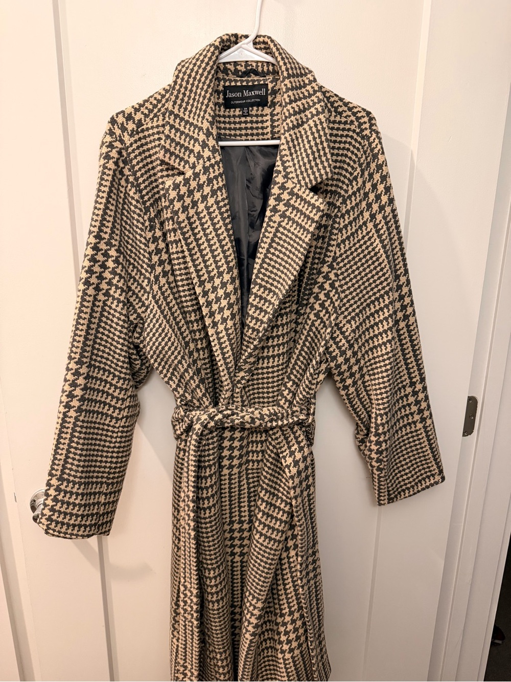 jason maxwell Beige and Black Houndstooth Belted Trench Coat